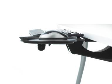 Side-view of Keyboard Platform with keyboard attached to desk with Stella Mechanism
