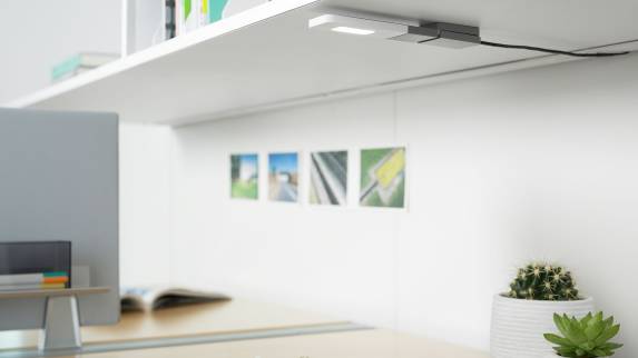 SOTO Mini LED Light attached to the bottom of a shelf