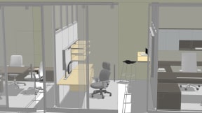 Space planning rendering showing Steelcase products in different private settings, including a Leap WorkLounge, Last Minute Stool, and SILQ Chairs