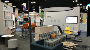 Thread showroom with Node stools, Campfire big lamp, Buoy seat, whiteboards, sofas at ISTE