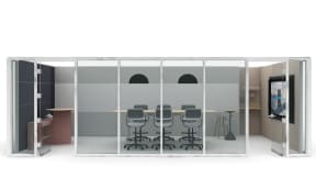 A rendering shows Steelcase QiVi stools in a conference room. A Steelcase Flex Stand is seen nearby.