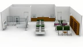 Rendering of a big health space with regard seats, separation screens, Shortcut chairs, alight ottoman seats, Amia and Embold, verge stools, pocket car