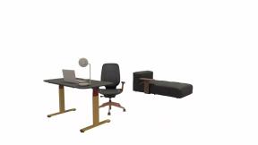 Steelcase Karman Task chair, Steelcase Desking Solo Sit-to-Stand Desk, Steelcase Eclipse Direct Lightning, Viccarbe Savina Sofa,