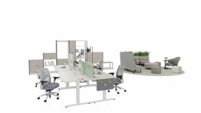 Steelcase Migration SE Desk, Steelcase Series 2 Task chair, Divisio Frameless Screen on desk, Flat Srcreen Mobitor Arm, Steelcase Flex Active Frames, Orangebox Beyond The Desk, Coalesse Lagunitas Personal Table, Bolia Grace Pouf, Orangebox Farne, Viccarbe Funda Armchair,