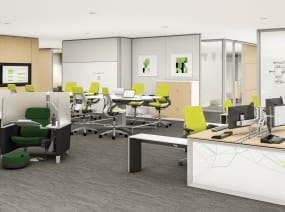 office furniture settings for collaborative work, individual desk stations, and focused private work