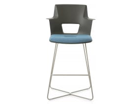 Front of Shortcut X Base stool with a back of dark color and a blue cushion