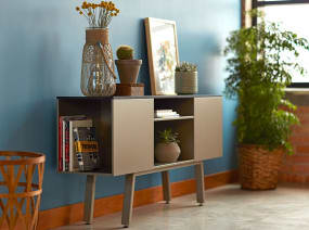 A freestanding Bivi Trunk is used to store books and display plants