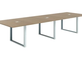 on white image of a Verlay rectangle, square corners table with metal U legs