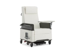 on white image of an empath chair with armrest, white cushion and personal table