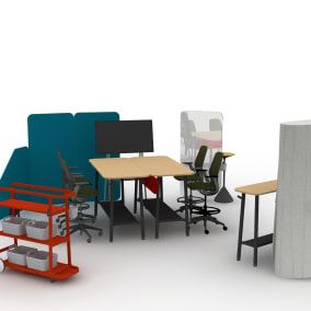 A rendering shows Steelcase SILQ stool-height chairs next to Flex Standing-Height Tables A Flex cart is also shown