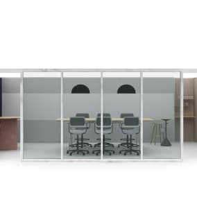 A rendering shows Steelcase QiVi stools in a conference room. A Steelcase Flex Stand is seen nearby.