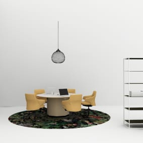 On-white rendering of a team table for five furnished with partner products.