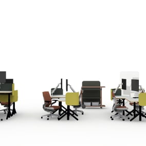 Individual stations with Height-Adjustable desks and Gesture chairswith screens for space division and Flex mobile whiteboards.