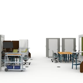 Open-plan collaborative space with Series 1 Chairs Flex mobile markerboards and Surface Hub 2.