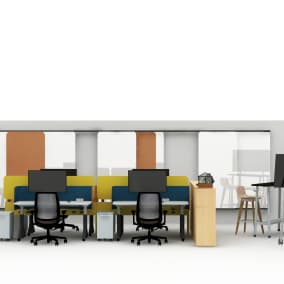 Open-plan collaborative space with individual space divisions with Amia Chairs, Steelcase Flex Markerboards and Surace Hub for easy collaboration.