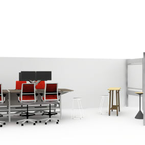 Open-plan collaborative space with Think Stools and Bivi chairs, provided with privacy by Post and Beam.