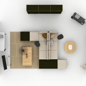Rendering of a private room with products like Nanimarquina rug, square wooden table, two sided sofa, Steelcase Flex Cart