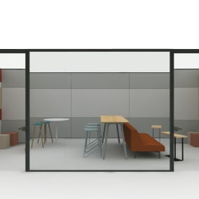 Rendering of collaborative space with products such as V.I.A. glass walls, Potrero415 table