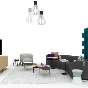Rendering of a collaborative space with grey sofa, two personal tables, lounge chair