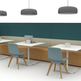 Orangebox Away From The Desk, FLOS Smithfield S Pendant Lamp, Coalesse Montara650 Table, Orangebox Cubb Chair Planning Idea