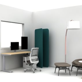 Rendering of private space with wooden desk, office chair, green screen and lamp