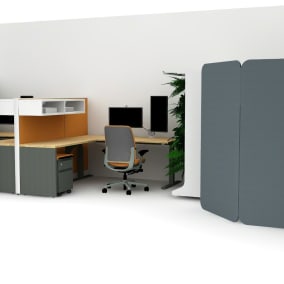 Rendering of a work area with wooden desks, gray Flex screens, Amia office chairs
