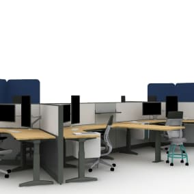 Rendering of a work area with wood benches, blue Gesture chairs, Volley monitors, blue Flex Screens