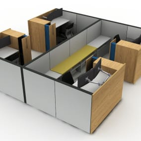 Rendering of work areas in a squared shape, with wooden walls, Ology desks, Gesture chairs