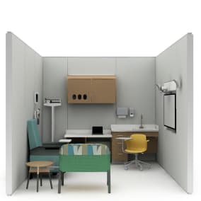 Rendering of a hospital area with yellow Node chair, wooden storage, Empath chair,