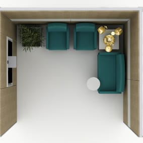 Renderinf of a private space with three green Leela chairs, golden FLOS chandelier hanging from the ceiling, a screen on the wall.