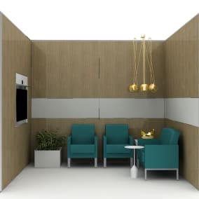 Renderinf of a private space with three green Leela chairs, golden FLOS chandelier hanging from the ceiling, a screen on the wall.