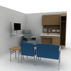 Rendering of an exam room with two blue sofa chairs, small wooden table, white sink with wooden drawers.