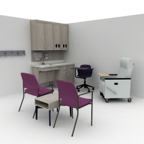 Rendering of an exam room with two purple chairs, small Bassline wooden table, black Node chair with table.