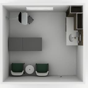 Rendering of an exam room with 2 green Relay chairs, wooden Convey Modular Casework with sink
