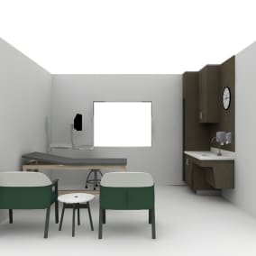 Rendering of an exam room with 2 green Relay chairs, wooden Convey Modular Casework with sink