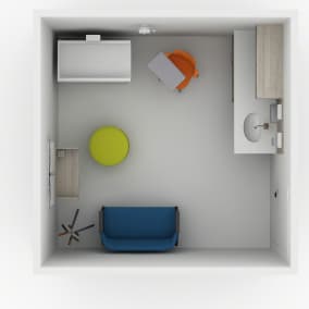 Rendering of an exam room with a green Alight ottoman seat, orange Node chair with table, Splash coat hanger, Verb whiteboard on wall.