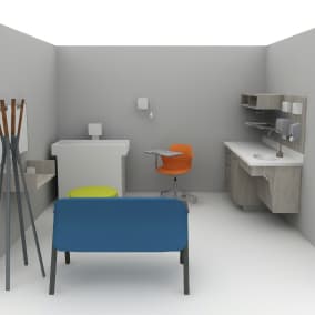 Rendering of an exam room with a green Alight ottoman seat, orange Node chair with table, Splash coat hanger, Verb whiteboard on wall.
