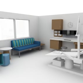 Rendering of an exam room with wooden paper table, blue Campfire pouf seat, blue Regard sofa