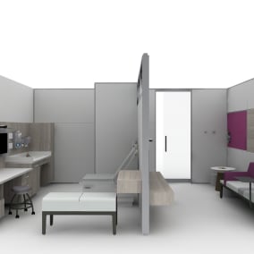 Rendering of exam room with a purple Regard sofa, wooden Convey casework with sink, Verge small seat