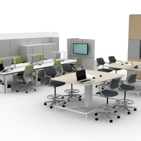 Media:scape table, Qivi chair, Gesture chair, FrameOne chair, Mobile Caddy, LED personal task light, Answer panel, V.I.A, Universal Storage Planning Ideas
