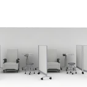 Rendering of hospital room with two Empath recliner seats, 4 groupwork mobile whiteboards, two Verge stools and two Pocket mobile cart