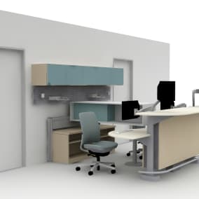 Sync Desk, Duo Storage, Elective Elements Desk, Universal System, Amia Chair, Post & Beam, Slatwall Planning Idea