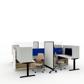 Rendering of a work space with wooden benches separated by screens, Gesture chairs