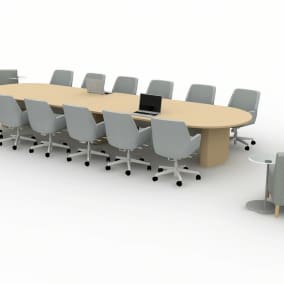 Rendering of a conference room with a large wooden table and office chairs