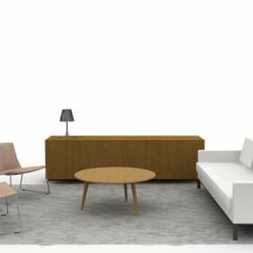 Rendering of a common space with Millbrae Sofa, Await table, Denize Credenza storage