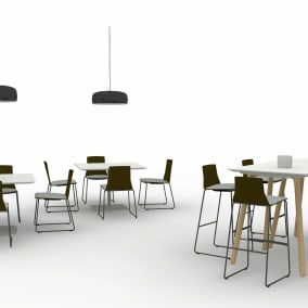 Rendering of a social space with three white tables, Montara650 chairs and stools around them.
