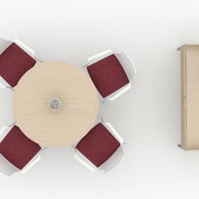Rendering of a Montara650 wooden table, white Montara650 chairs with red cushion and Denize Credenza storage next to it.