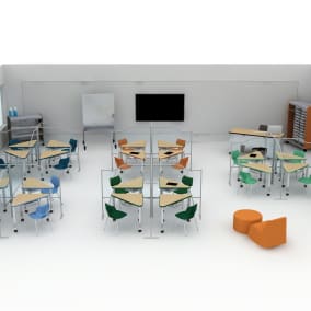 Smith Systems Interchange Table, Smith Systems Flavor/Stack Mobile Stack Chair, Smith Systems Soft Rocker, Cascade Teacher Wardrobe, Polyvision a3 CeramicSteel Flow Whiteboard, Planner Studio Mobile Whiteboard, Cascade Teacher Desk, Convey, Cascade Mini/Mid/Mega Cabinet
