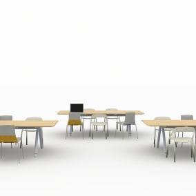 Rendering of a common space with collaborative wooden tables and chairs