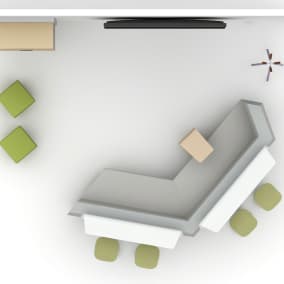 Rendering of a common space with a gray media:scape lounge, two green seats and a screen on a wall.